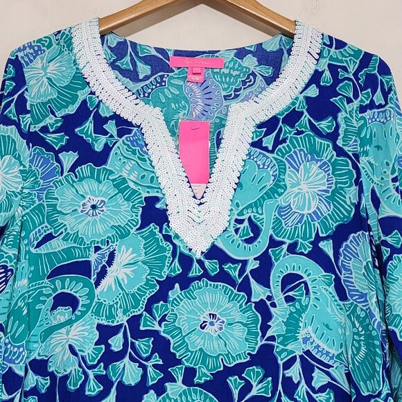 Lilly Pulitzer Renato Sequined Tunic Top Agate Green Mint to Be Floral Tropical - Picture 4 of 13